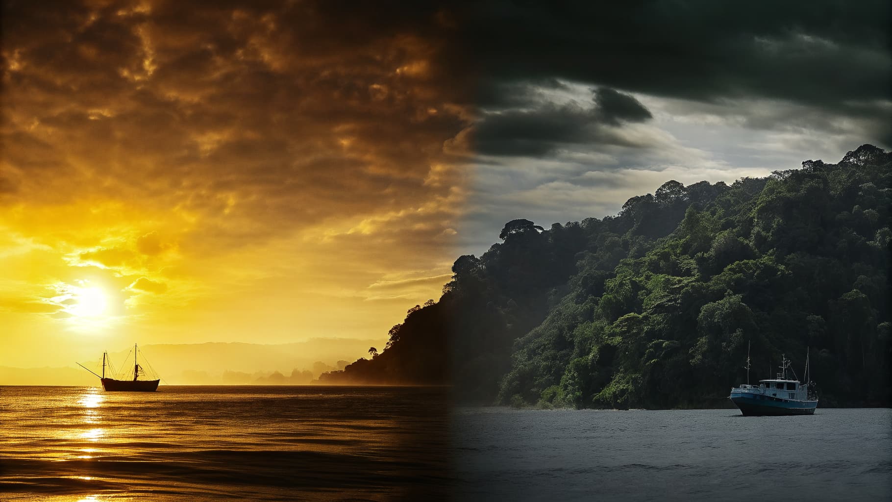 Split view of dry season sunshine and green season storm clouds over the Costa Rica Pacific coast near Quepos