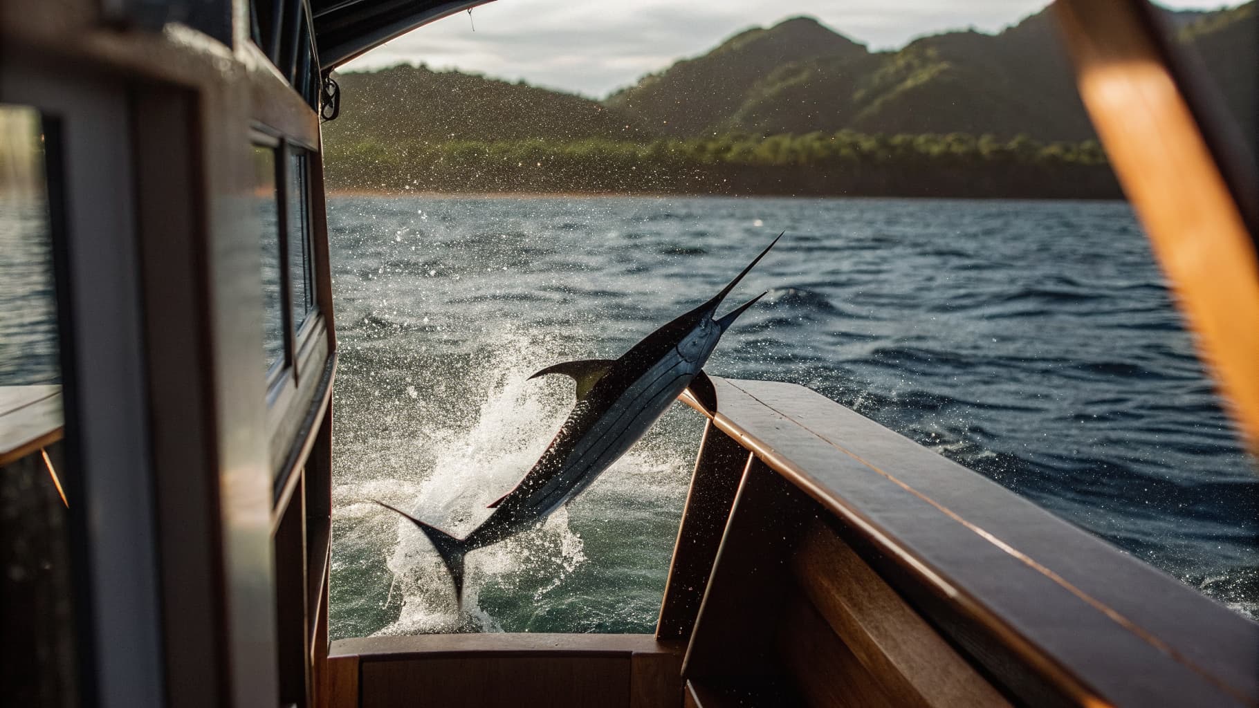 Sailfish jumping behind a charter boat off the coast near Marina Pez Vela