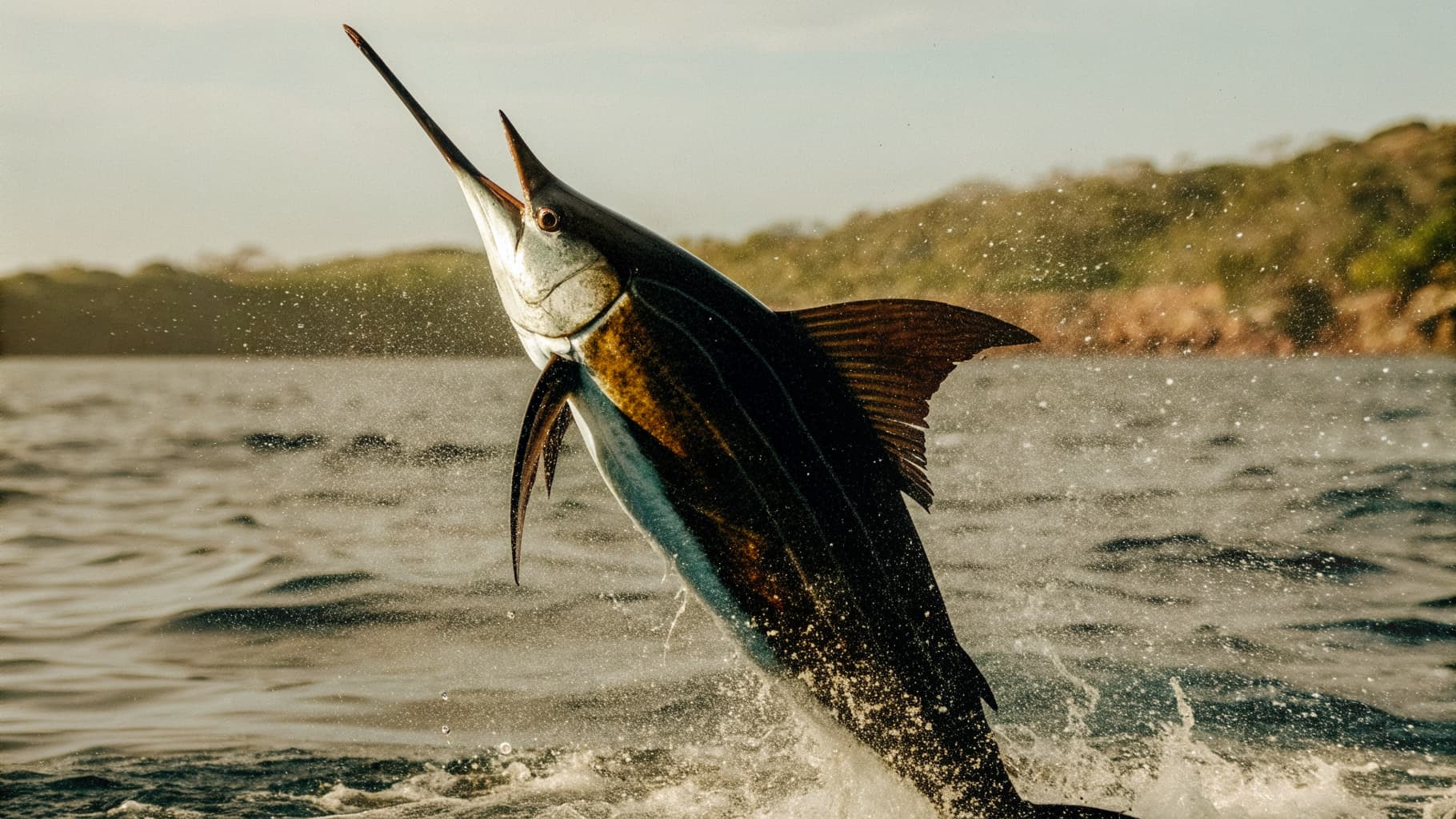 Pacific sailfish leaping out of blue offshore water near Quepos, Costa Rica
