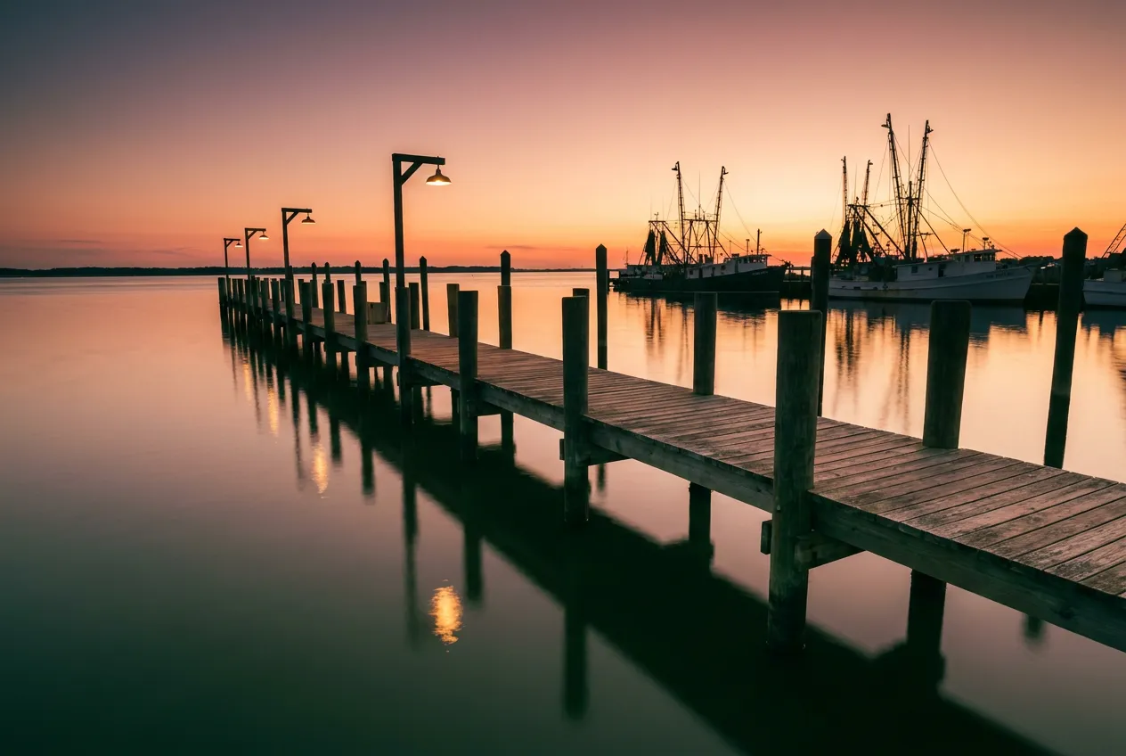 Marina Pez Vela dock at sunset in Quepos, Costa Rica