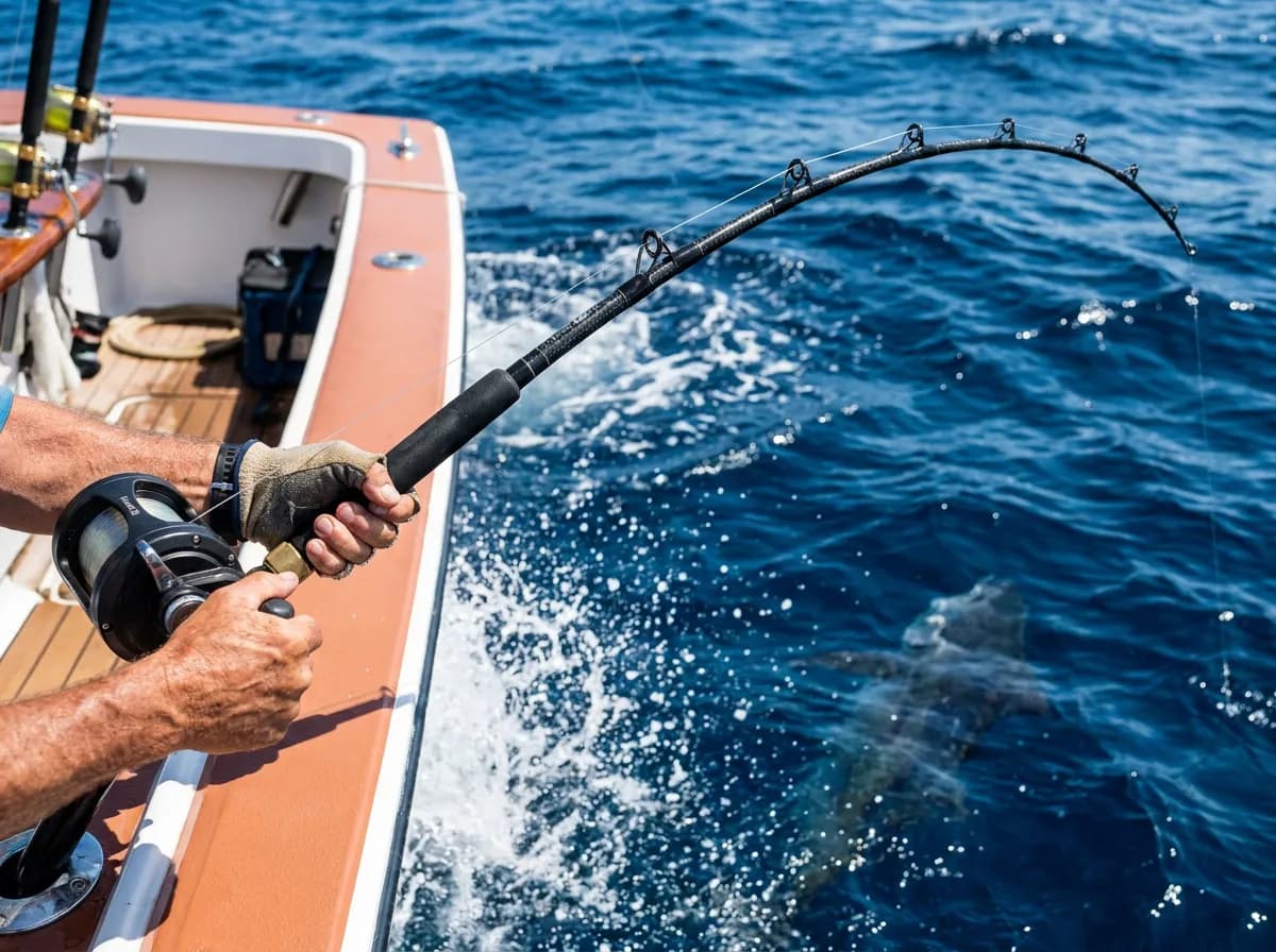 Angler fighting a hooked fish from the deck of a Legacy Fishing charter boat