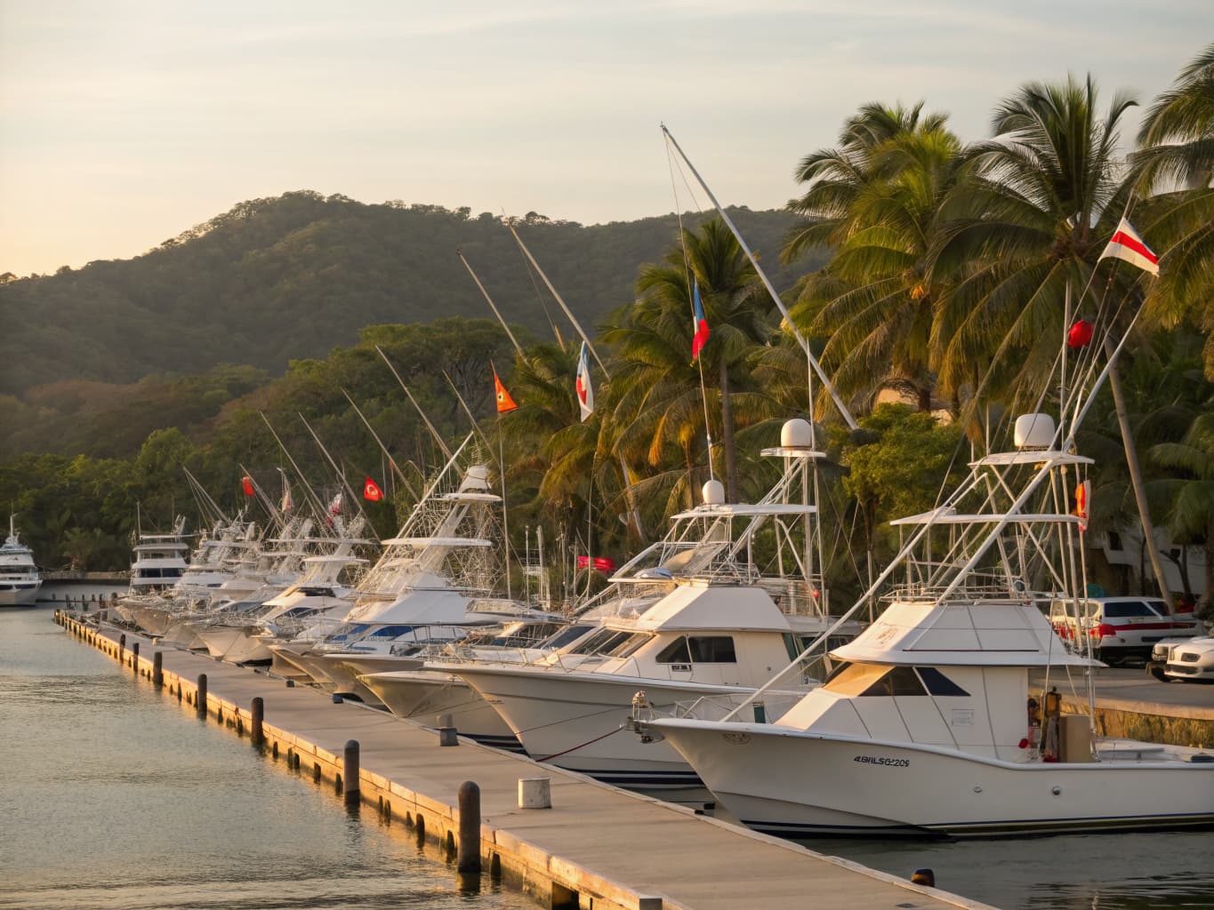 Sportfishing boats and tournament flags docked at Los Sueños Marina, Costa Rica